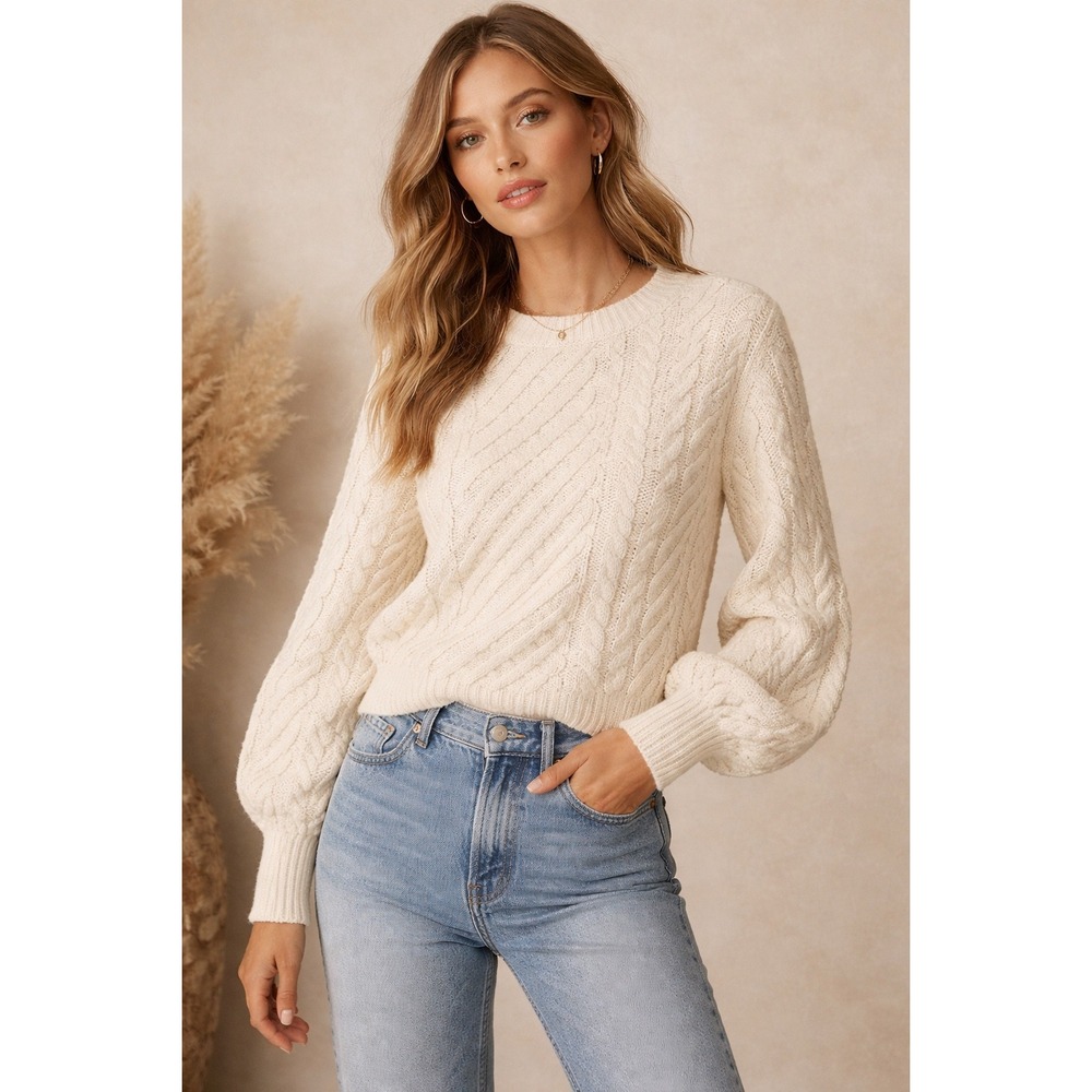 FRAME Mixed Cable Knit Wool Blend Sweater Off White Cream Women's XS